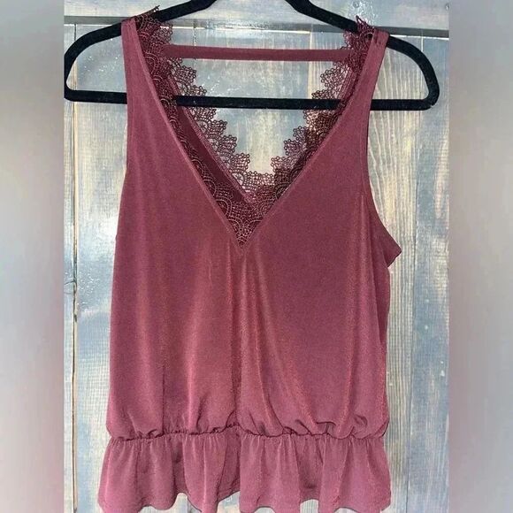 Express Burgundy Lace-Trim‎ Peplum Tank Top Sleeveless V-Neck Blouse - Picture 4 of 5